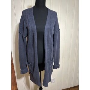 Garnet Hill M Slate Blue Cotton Modal Open Front Chunky Knit Cardigan Sweater